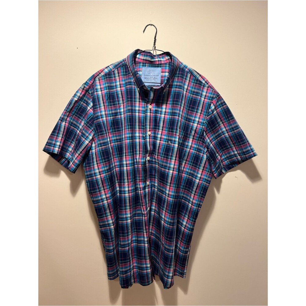 Saddlebred XL Short-Sleeve Plaid Button-Down Shirt - Blue, Pink & Teal